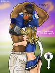 blonde_hair bodily_fluids body_hair cheerleader cuddling duo femboy football_player football_uniform hair heart_symbol hug male male/male muscular muscular_male musk pigtails romantic romantic_couple size_difference sport sportswear sweat tender text chibi_viii equid equine felid feline horse mammal 3:4 absurd_res english_text hi_res trans_(lore) trans_woman_(lore)