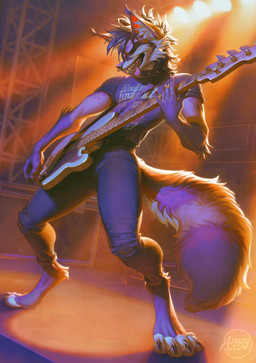 anthro bass_guitar black_collar black_hair clothed clothing collar eyes_closed fangs fur gloves_(marking) guitar hair holding_guitar holding_musical_instrument holding_object inner_ear_fluff male markings musical_instrument open_mouth pink_body pink_fur playing_guitar playing_music plucked_string_instrument purple_body purple_fur purple_hair purple_nose purple_tongue shirt solo spiked_collar spikes stage standing string_instrument striped_markings striped_tail stripes t-shirt tail tail_markings teeth tongue tongue_out topwear tuft white_body white_fur white_inner_ear_fluff azuza canid canine mammal hi_res