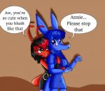 alternative_fashion anthro black_hair blue_body blue_eyes blue_fur blue_hair blush breasts brown_eyes clothed clothing dialogue duo embarrassed female fur goth hair hug punk red_hair shy smile text kendratheshinyeevee the_ant_and_the_aardvark allie_aardvark annie_ant fan_character aardvark ant arthropod hymenopteran insect mammal 2018 comic digital_drawing_(artwork) digital_media_(artwork) english_text