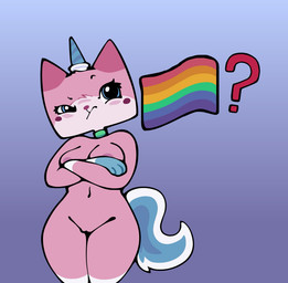 anthro anthrofied breasts confusion emoji female flag flag_(object) genitals gradient_background horn lgbt_pride navel nipples nude pink_body pride_color_flag pride_colors question_mark rainbow_flag rainbow_pride_colors rainbow_pride_flag rainbow_symbol simple_background six-stripe_rainbow_pride_colors solo tail vulva lobitoms_srt lego mythology the_lego_movie warner_brothers unikitty domestic_cat equid equine felid feline felis hybrid mammal mythological_creature mythological_equine unicorn 2025 digital_media_(artwork) hi_res