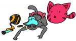 all_fours beatrix_lebeau blue_hair clothing cosplay duo felid femboy goo_creature hair largo_slime male mammal pink_slime_(slime_rancher) pink_tabby_largo poly_(toot) ranged_weapon slime slime_(slime_rancher) slime_rancher tabby_slime toot weapon