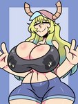 big_breasts blush bodily_fluids bottomwear breasts clothing female fingers hat headgear headwear horn lactating lactating_through_clothing nipple_outline shorts solo topwear wet wet_clothing fujiweeb miss_kobayashi's_dragon_maid quetzalcoatl_(dragon_maid) horned_humanoid humanoid 2022 3:4 absurd_res hi_res portrait three-quarter_portrait