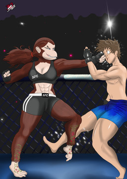 abs ankle_tattoo anthro athletic athletic_anthro athletic_female audience blue_eyes bodily_fluids bottomwear bra breasts brown_body brown_fur camera_flash clothed clothing duo face_punch feet female female_anthro fight fighting_gloves fighting_ring fingerless_gloves fist foot_tattoo fur gloves group hair handwear kick leg_tattoo male male_human mixed_martial_arts mma multicolored_body muscular muscular_human muscular_male parry ponytail prehensile_feet punch rose_tattoo sharp_teeth shorts smile spectators sports_bra sweat sweatdrop tan_body tan_skin tattoo teeth toes toned_female topless topless_human topless_male two_tone_body underwear drow462 brea_(redustheriotact) haplorhine human mammal monkey primate absurd_res hi_res