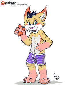 anthro black_hair blue_eyes blush cheek_tuft claws clothed clothing dipstick_ears ear_markings facial_tuft finger_claws front_view fur glistening glistening_eyes gloves_(marking) hair leg_markings logo looking_at_viewer male markings multicolored_ears navel open_mouth open_smile pink_body pink_fur pink_nose short_hair simple_background smile socks_(marking) solo standing text toe_claws topless tuft white_background white_body white_claws white_fur yellow_body yellow_fur young young_anthro young_male pandapaco felid mammal artist_logo full-length_portrait portrait signature url