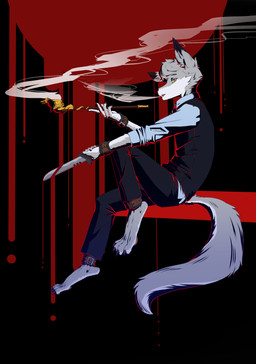 abstract_background anthro barefoot black_body black_bottomwear black_clothing black_ears black_fur black_nose black_pants black_topwear bottomwear clothed clothing dipstick_ears ear_markings feet fur grey_body grey_clothing grey_ears grey_fur grey_hair grey_topwear hair holding_knife holding_object knife male multicolored_ears orange_eyes pants short_hair side_view sitting smoking solo topwear unsigned white_body white_fur papayafurry canid canine canis domestic_dog mammal absurd_res full-length_portrait hi_res portrait