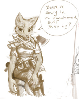 anthro axe biped cigarette cigarette_in_mouth clothed clothing dialogue eyebrows female front_view kerchief neckerchief neckwear object_in_mouth pouch_(clothing) smoking smoking_cigarette solo speech_bubble standing talking_to_viewer text whiskers sabrotiger fallout microsoft prequel_adventure the_elder_scrolls katia_managan felid khajiit mammal 2025 crossover english_text hi_res monochrome sketch