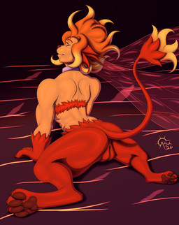 anus blonde_hair claws collar female forehead_mark fur genitals hair horn insect_wings markings muscular orange_body orange_eyes orange_hair orange_skin pupils red_body red_fur slit_pupils solo tattoo vulva wings sacrificabominat falcom ys jue fairy felid humanoid lion mammal pantherine hi_res