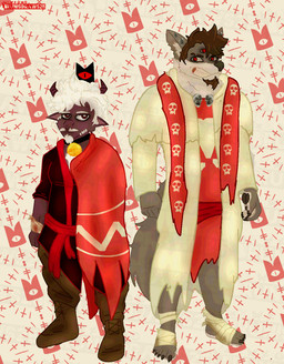3_eyes angry anthro bandage bandage_feet barefoot beard bell bell_collar black_clothing black_shirt black_topwear blood_on_bandage body_hair bottomwear brown_bottomwear brown_clothing brown_eyes brown_footwear brown_hair brown_pants brown_shoes chasuble cheek_tuft chest_hair chest_tuft claws cloak clothing collar cosplay costume crown dirty_bandage duo eyebrows facial_hair facial_tuft fangs feet fluffy fluffy_ears footwear goat_ears goatee hair headgear heart_symbol horn male medieval_clothing medieval_fantasy multi_eye neck_tuft pants pawpads piercing plantigrade red_cloak red_clothing red_eyes red_scarf religious_clothing religious_themes robe robe_only scarf shirt shoes skull_accessory skull_symbol stole_(clothing) tail teeth topwear tuft tuft_ears white_clothing white_hair white_robe worn_clothing brunisdraws cult_of_the_lamb massive_monster_(studio) brunis_(brunisdraws) redrich_(brunisdraws) bovid canid canine canis caprine hybrid mammal mexican_wolf sheep-goat wolf absurd_res hi_res signature