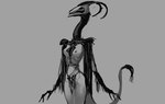 anthro areola bottomwear breasts clothing female horn loincloth long_neck nipples scary simple_background solo tail tail_tuft tuft meandraco monster hi_res monochrome