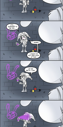 anthro can clothed clothing container drawing_(object) female holding_can holding_container holding_object humor jester laugh looking_at_viewer male paint playground sitting smile spray_paint standing swing text wall_(structure) absolutedream glitch_productions the_amazing_digital_circus jax_(tadc) pomni_(tadc) lagomorph leporid mammal rabbit absurd_res comic english_text hi_res long_image tall_image