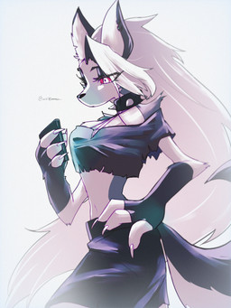 anthro bottomwear cellphone clothing collar crop_top electronics female fingerless_gloves gloves hand_on_hip handwear midriff navel phone shirt shorts smartphone solo spiked_collar spikes topwear wdemma hellaverse helluva_boss mythology loona_(helluva_boss) canid canid_demon canine canis demon hellhound mammal mythological_canine mythological_creature wolf 3:4 absurd_res hi_res