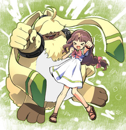 anthro belt brown_hair clothing duo female fist footwear fur hair hair_over_eyes long_ears long_hair male punch ribbons sandals shoes smile yellow_body yellow_fur lotemnim bandai_namco digimon digimon_ghost_game ruri_tsukiyono angoramon digimon_(species) human lagomorph leporid mammal rabbit hi_res
