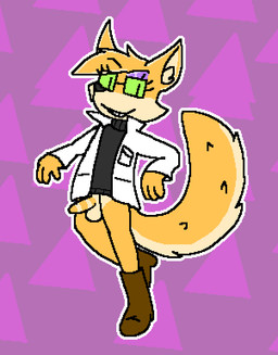 balls boots bottomless clothed clothing coat cocky_smile eyelashes eyelashes_through_hair eyeshadow eyewear footwear fur genitals glasses green_eyes hair lab_coat makeup male outline penis pose purple_background shoes simple_background striped_genitalia striped_penis stripes sweater toony topwear translucent translucent_hair turtleneck yellow_body yellow_fur nightfire canid canine canis domestic_dog mammal shiba_inu spitz aliasing digital_media_(artwork) full-length_portrait portrait nonbinary_(lore)