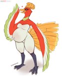 anthro anthrofied beak belly big_belly breasts feathers female green_body green_feathers heart_symbol looking_at_viewer multicolored_body multicolored_feathers open_beak open_mouth pink_eyes pokemorph pregnant pregnant_anthro pregnant_female realistic_wings red_body red_feathers simple_background solo standing text white_background white_body white_feathers wings bahnbahn nintendo pokemon avian generation_2_pokemon ho-oh legendary_pokemon pokemon_(species) absurd_res artist_name full-length_portrait hi_res portrait url