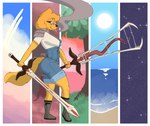 anthro clothing detailed_background eyewear female fur glasses looking_at_viewer melee_weapon overalls plant sand sholder_pads side_view sky smoking solo star sword tree water weapon yellow_body yellow_fur yellowhighlite whiskey_(yellowhighlite) canid canine canis domestic_dog mammal full-length_portrait hi_res portrait