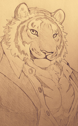 anthro chest_tuft clothed clothing fur looking_at_viewer male muscular muscular_anthro muscular_male partially_clothed pecs simple_background solo tuft giraffe_(artist) lam-chan felid mammal pantherine tiger 2015 graphite_(artwork) hi_res monochrome sepia sketch traditional_media_(artwork)
