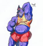 anthro armpit_hair belly biceps body_hair bottomwear bulge clothed clothing fur male musclebear muscular muscular_anthro muscular_male nipples partially_clothed pecs purple_body purple_fur raised_arm shirt solo tail tight_bottomwear tight_clothing tight_shirt tight_topwear topwear underwear pinumontbalou bluey_(series) stripe_heeler australian_cattle_dog canid canine canis cattledog domestic_dog herding_dog mammal pastoral_dog hi_res