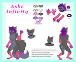 2_tails anthro collar fur glowing glowing_eyes grey_body grey_fur hair highlights_(coloring) infinity_symbol male multi_tail multicolored_body multicolored_fur multicolored_hair multicolored_tail open_mouth pawpads pink_body pink_fur pink_highlights purple_hair solo symbol tail text knightxayvion ashe_infinity canid canine fox mammal absurd_res english_text hi_res model_sheet