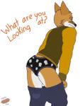 annoyed anthro briefs butt clothing dialogue fur jacket letterman_jacket looking_at_viewer looking_back male multicolored_body multicolored_fur pattern_clothing pattern_underwear question_mark simple_background solo standing text topwear underwear undressing white_background wiener-fag felix_vulpe canid canine fox mammal 2017 digital_media_(artwork) english_text