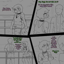 abs anthro bald beach biped blush bottomwear choker clothed clothed_anthro clothed_human clothed_male clothing cloud denim denim_bottomwear denim_clothing denim_shorts dialogue duo elbow_feathers eyewear feathered_tail feathers femboy glasses hair happy human_on_anthro interspecies jacket jewelry looking_at_another looking_at_chest male male/male markings necklace open_clothing open_jacket open_topwear outside pecs round_glasses shirt short_hair shorts sky smile striped_markings stripes tail talking_to_another tank_top text topwear arsenic_iii cavemanon_studios goodbye_volcano_high ko_op_(game_developer) snoot_game anon_(snoot_game) sage_(gvh) ambient_bird dinosaur dromaeosaurid human mammal microraptor prehistoric_species reptile saurischian scalie theropod 1:1 2023 black_and_grey comic english_text hi_res monochrome multiple_scenes shaded