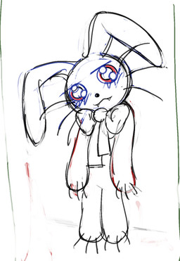 ambiguous_gender anthro blush bow_ribbon chibi claws fangs neck_bow red_eyes simple_background solo standing teeth toony whiskers white_background yogurt200 lagomorph leporid mammal rabbit hi_res sketch