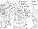 2021 baalbuddy backpack belt clothed clothing comic demon demon_humanoid english_text eyewear female glasses group hair hi_res horn horned_humanoid human humanoid humanoid_pointy_ears humor male mammal monochrome neckbeard nekopara not_furry overweight overweight_human overweight_male pointy_ears shirt succubus text text_on_clothing text_on_shirt text_on_topwear topwear