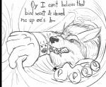 anal anal_vore anthro endosoma male male_pred male_prey safe_vore solo text vore jahgo canid canine canis mammal wolf english_text monochrome