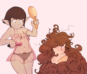 4_fingers areola arms_bent babydoll bangs big_hair biped black_hair blunt_bangs blush bow_panties bow_underwear breasts brown_eyebrows brown_hair brush casual_exposure cleavage clenched_teeth closed_smile clothed clothed_female clothed_humanoid clothing curly_hair cute_fangs duo eyebrow_through_hair eyebrows eyelashes fangs female female_humanoid fingernails fingers freckled_breasts freckled_face freckled_shoulders freckles front_view grey_clothing grey_panties grey_underwear hair hair_over_eye hairbrush holding_brush holding_hairbrush holding_object humanoid_pointy_ears ineffective_clothing light_body light_skin lingerie long_hair looking_at_another looking_down looking_down_at_another looking_up looking_up_at_another messy_hair monotone_background monotone_body monotone_hair monotone_skin mouth_closed nails navel nightgown nipples no_bra not_furry off_shoulder one_eye_obstructed panties pink_areola pink_blush pink_clothing pink_lingerie pink_nightgown pink_nipples pointy_ears pointy_nose purple_eyes round_nose short_hair simple_background skimpy slim slim_female slim_humanoid small_breasts smile straight_hair tan_body tan_skin teeth thick_thighs towel translucent translucent_clothing translucent_hair translucent_nightgown underwear white_background white_sclera wide_hipped_female wide_hipped_humanoid wide_hips foursnail gnome humanoid vampire