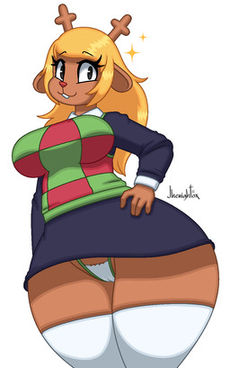 anthro antlers biped blonde_hair bottomwear breasts brown_body camel_toe clothed clothing colored_edge_panties colored_edge_underwear eyelashes female flashing_panties footwear hair hand_on_hip horn legwear looking_at_viewer panties panty_peek panty_shot partially_visible_underwear pupils simple_background skirt smile socks solo thick_thighs thigh_highs thigh_socks topwear underwear upskirt jhenightfox deltarune undertale_(series) noelle_holiday deer mammal new_world_deer reindeer 2025 hi_res signature