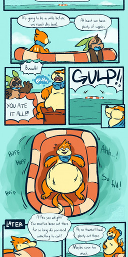 2_tails after_vore ambiguous_gender beach belly black_sclera blue_nose breath brown_body brown_fur burping death dialogue duo fatal_vore feral fur gulp_(sound_effect) lifeboat multi_tail open_mouth oral_vore orange_body orange_fur overweight post_vore_weight_gain scarf sea speech_bubble swallowing tail text time_skip vore water weight_gain eclairscollection nintendo pokemon caol_(caoleroni) hymin_(hybrid-mind) buizel chespin generation_4_pokemon generation_6_pokemon pokemon_(species) comic digital_media_(artwork) english_text hi_res