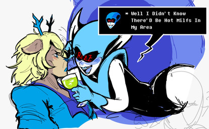 anthro antlers biped blonde_hair blue_body blue_clothing blue_gloves blue_handwear blue_lips blush brown_body brown_fur clothing container cup dialogue drinking_glass duo female female/female flirting fur glass glass_container glass_cup gloves hair handwear holding_glass holding_object horn leotard lips machine multicolored_body multicolored_fur open_mouth open_smile smile speech_bubble tan_body tan_fur text white_body wine_glass queen0fm0nsterz deltarune undertale_(series) carol_holiday queen_(deltarune) android darkner deer humanoid mammal new_world_deer reindeer robot 2025 digital_media_(artwork) english_text hi_res