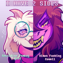 anthro bangs blush clothed clothing duo eyebrows eyelashes eyewear female femboy freckles front_view fur glasses hair horn humor lens_flare looking_at_viewer male narrowed_eyes open_mouth open_smile pink_background profanity scarf sharp_teeth simple_background smile sparkles teeth text tuft cookiethecabbit deltarune i_have_two_sides_(meme) undertale_(series) ralsei susie_(deltarune) bovid caprine darkner goat mammal reptile scalie 1:1 2025 bust_portrait english_text hi_res meme portrait
