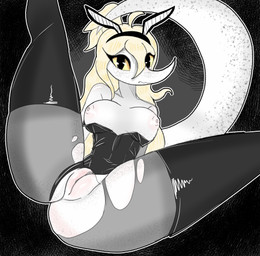 anthro areola black_clothing black_eyes black_legwear black_thigh_highs black_topwear blonde_hair blush body_blush breasts bunny_costume clothed clothed_anthro clothed_female clothing costume exposed_breasts fake_ears female freckled_breasts freckled_face freckled_legs freckled_tail freckles frown genitals hair humanoid_genitalia humanoid_vulva latex latex_clothing latex_legwear latex_thigh_highs legs_up legwear long_hair long_tail looking_at_viewer lying medium_breasts nervous nipples non-mammal_breasts non-mammal_nipples on_back pantyhose pink_areola pink_nipples presenting presenting_vulva solo spread_legs spreading tail thigh_highs topwear torn_clothing torn_legwear torn_pantyhose vulva vulva_blush wardrobe_malfunction white_body yellow_sclera gothgator0 cavemanon_studios puppet_pals snoot_game judee dinosaur prehistoric_species reptile saurischian scalie theropod troodon troodontid absurd_res colored hi_res shaded