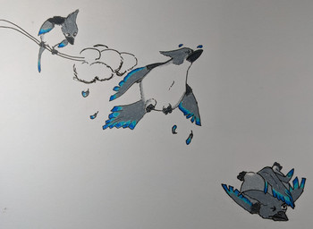 ambiguous_gender basic_sequence beak falling feathers feral solo three_frame_sequence wings quillbird avian bird colored_pencil_(artwork) hi_res sequence traditional_media_(artwork)