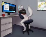 2015 anthro anus biped blue_eyes bottomless breasts butt canid canine canis chair cheetah claws clothed clothing clothing_lift container cup dead_space desk digital_media_(artwork) domovoi_lazaroth electronic_arts electronics english_text felid feline female furniture genitals hi_res hybrid keyboard looking_at_viewer looking_back mammal monitor office on_chair presenting presenting_hindquarters pussy seff_(artist) shaded shirt shirt_lift side_boob sitting sitting_backwards sitting_on_chair solo spots_(seff) straddling_chair table text topwear visceral_games wolf