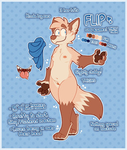 anthro blue_background breasts brown_body brown_fur cheek_tuft countershading dipstick_tail dotted_background facial_tuft female fur genitals gloves_(marking) head_tuft leg_markings markings multicolored_tail nipples nude pattern_background simple_background smile socks_(marking) solo tail tail_markings tan_body tan_fur text tuft vulva flipyart flip_(flipyart) canid canine fox mammal english_text hi_res nonbinary_(lore)