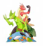 ambiguous_gender blue_body blue_eyes feathers green_body group leaf leaf_tail red_body red_feathers simple_background smile starter_trio tail trio whip white_background yellow_body yellow_feathers yellow_sclera ban_(pixiv) nintendo pokemon blaziken generation_3_pokemon pokemon_(species) sceptile swampert cropped