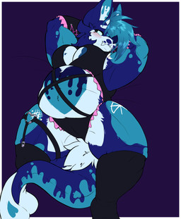 anthro areola armwear avoiding_eye_contact belly big_breasts blue_areola blue_blush blue_body blue_eyes blue_fur blue_hair blue_markings blue_nipples blush breasts clothed clothing elbow_gloves embarrassed female fur gloves hair handwear heart_(marking) horn legwear lingerie_only lying markings nipples on_back overweight overweight_female partially_clothed ruffled_panties scar snaggle_tooth solo thick_thighs thigh_highs white_belly bluevixenad mythology starset_(band) razzle_dazzle_(bluevixenad) bat dragon hybrid mammal megabat mythological_creature mythological_scalie scalie absurd_res hi_res