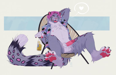 anthro balls black_body black_fur bottle bottomless bottomless_anthro bottomless_male clothed clothing container ear_piercing ear_ring erection fluffy fluffy_tail fur genitals grey_body grey_fur hair hand_behind_head heart_symbol holding_bottle holding_container holding_object humanoid_genitalia humanoid_penis industrial_piercing looking_at_viewer male male_anthro markings nipples open_clothing open_shirt open_topwear partially_clothed partially_clothed_anthro partially_clothed_male pawpads penis piercing pink_body pink_eyes pink_fur pink_hair pink_penis ring_piercing shirt sitting smile solo speech_bubble spots spotted_body spotted_fur spread_legs spreading tail teeth tongue tongue_out topwear whisker_spots white_body white_fur remulle_(artist) corona_(beer) hayloft_(character) felid mammal pantherine snow_leopard 2024 hi_res