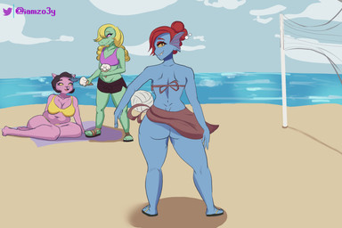 anthro ball beach bikini black_hair blonde_hair blue_body butt clothing dessert female food footwear fur green_body green_scales group hair ice_cream looking_at_viewer looking_back net pink_body pink_fur red_hair sandals sarong scales sea seaside shoes sport swimwear trio two-piece_swimsuit volleyball volleyball_(ball) volleyball_net water yellow_bikini yellow_clothing yellow_swimwear iamzoey undertale_(series) bratty_(undertale) catty_(undertale) undyne alligator alligatorid animal_humanoid crocodilian domestic_cat felid feline felis fish fish_humanoid humanoid mammal marine marine_humanoid reptile scalie absurd_res hi_res watermark