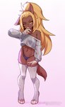 4_toes 5_fingers anthro blonde_hair brown_body brown_fur clothed clothing feet female fingers fur hair legwear looking_aside navel one_ear_up panties pink_background simple_background solo standing tail thigh_highs toeless_thigh_highs toes topwear underwear yellow_eyes coffeechicken sasa_(coffeechicken) brown_hyena hyena mammal 2024 digital_media_(artwork) hi_res