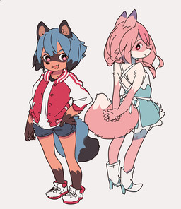 anthro blue_hair boots bottomwear brown_body brown_fur clothed clothing dress duo female footwear fur hair hand_on_hip hands_behind_back high_heeled_boots high_heels jacket kemono letterman_jacket pink_body pink_eyes pink_fur pink_hair red_eyes shirt shoes shorts simple_background smile sneakers topwear white_background yagi_the_goat brand_new_animal studio_trigger michiru_kagemori nazuna_hiwatashi canid canine fox mammal raccoon_dog tanuki