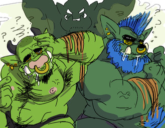 anthro armpit_hair beard belly_hair black_bottomwear black_clothing black_nose black_underwear blue_hair bodily_fluids body_hair bottomwear chair chest_hair clothed clothing drooling ear_piercing facial_hair facial_piercing furniture group hair horn humanoid_pointy_ears male muscular muscular_male musk nipples nose_piercing nose_ring overweight piercing pink_nose pointy_ears question_mark ring_piercing rope saliva smile submissive submissive_male topless transformation tusks underwear anothermeekone humanoid orc 2016 digital_media_(artwork)