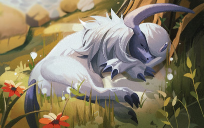 ambiguous_gender claws eyes_closed feral flower fur grass horn lying on_side plant sleeping solo tail tree white_body white_fur mmocc123 nintendo pokemon absol generation_3_pokemon pokemon_(species) 2025