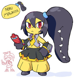3_fingers 3_toes accessory anthro armwear black_bottomwear black_clothing black_feet black_gloves black_hair black_handwear black_skirt blue_hairband bodily_fluids bottomwear cellphone cheek_spots claws closed_frown clothing collared_shirt cosplay crop_top crossover_cosplay duo elbow_gloves electronics fangs feet female fingers flip_phone frown gloves grey_clothing grey_shirt grey_topwear hair hair_accessory hair_mouth hairband half-closed_eyes hand_on_hip handwear holding_object holding_phone humor jealous keyboard looking_at_viewer midriff mouth_closed narrowed_eyes navel necktie phone ponytail pun red_eyes shirt simple_background skirt smartphone solo_focus sweat sweatdrop teeth text toes topwear white_background yellow_necktie melfunnysmell nintendo pokemon vocaloid yamaha_corporation akita_neru generation_2_pokemon generation_3_pokemon generation_8_pokemon humanoid mawile pokemon_(species) porygon2 sneasler 2026 crossover english_text hi_res