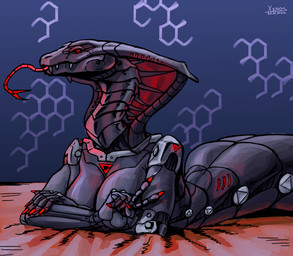 5_fingers anthro apode arm_markings arms_crossed_under_breasts bare_breasts bedding big_breasts black_sclera blanket blue_background blue_light breasts chest_markings claws crossed_arms exoskeleton fangs female female_anthro fingers forked_tongue gesture glowing glowing_claws glowing_eyes glowing_hood glowing_markings glowing_symbol glowing_tongue grey_body hand_gesture hand_on_elbow hexagon_background hip_markings leg_markings legless long_claws long_tongue looking_at_viewer lying markings metallic_body non-mammal_breasts nude nude_anthro nude_female on_front orange_blanket pupils red_claws red_eyes red_markings red_tongue ridged_mouth segmented_body segmented_neck segmented_tail segmented_tongue serpentine shoulder_markings simple_background snake_hood solo symbol_on_chest symbol_on_shoulder synthetic_muscles teeth tongue unusual_pupils v_sign xenthetechnomorph xen_(xenthetechnomorph) draconcopode naga reptile robot_anthro scalie snake snake_naga 2022 dated digital_media_(artwork) hi_res signature trans_(lore) trans_woman_(lore)