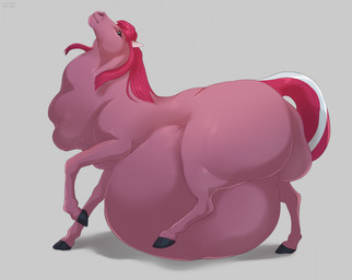 ambiguous_feral ambiguous_gender belly big_belly big_butt butt feral glistening glistening_eyes huge_belly huge_butt looking_at_viewer mane mouth_closed neck_bulge oral_vore pink_body pink_mane pink_tail quadruped side_view simple_background solo stretched_throat tail text two_tone_tail vore white_eyes white_tail roobin equid equine horse mammal artist_name hi_res