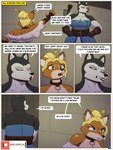 3:4 anthro armello blonde_hair bodily_fluids canid canine canis clothed clothing comic dialogue duo english_text female fox hair hi_res hilda_the_huntress ike_marshall league_of_geeks magna_(armello) mammal muscular muscular_female realm_royale tears text wolf yellow_eyes