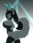 anthro black_hair black_nose blue_eyes breasts bunny_costume clothed clothing costume female fur hair legwear long_hair long_tail ponytail side_boob side_view simple_background smile smiling_at_viewer solo tail white_body white_fur chainilla elijah_(trinitygodag) canid canine canis mammal wolf absurd_res hi_res