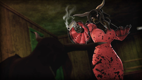 5_fingers ambiguous_gender anthro black_body black_fur black_hair blood bodily_fluids breasts clothed clothed_anthro clothed_female clothing dress duo female fingers fur gun hair handgun horn humanoid_hands ranged_weapon revolver weapon petruz petruz_(modeler) mercedes_(petruz) bovid bovine cattle mammal 16:9 3d_(artwork) digital_media_(artwork) hi_res source_filmmaker_(artwork) widescreen